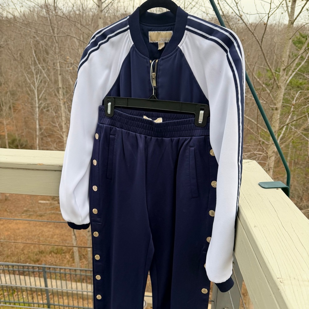 SET!! MICHAEL KORS Navy Blue White Track Jumpsuit Jacket Striped Break Away Pant - Picture 4 of 16